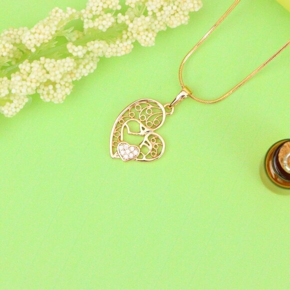 "Rose Gold Heart Pendant Featuring Mother & Child with Crystal Accent, XPPT1864 - Picture 3 of 13